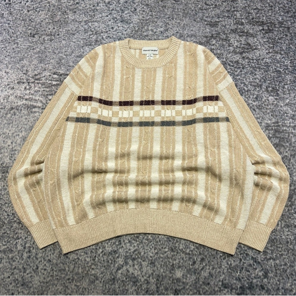 Vintage 90s David Taylor Sweater Mens Large Tan Acrylic Geometric Pattern